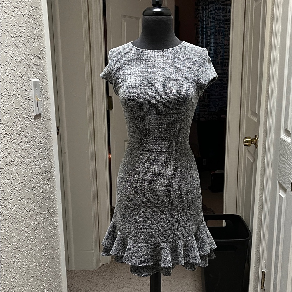 Aqua Charcoal Tweed Mini Dress Ruffle Hem Size Small Office Careerwear